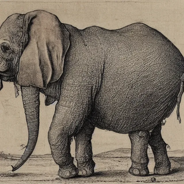 Image similar to a detailed, intricate drawing of a heavily armored elephant on a beach, by albrecht durer