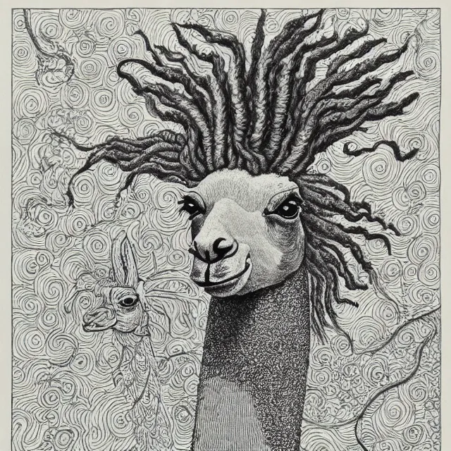 Image similar to llama with dreadlocks, by otomo katsuhiro, ernst haeckel, james jean