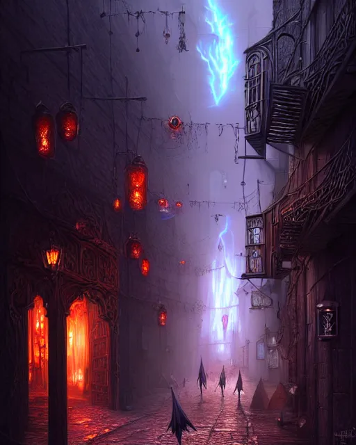 Prompt: street view of a dangerous otherworldly gothic alley in the planescape city named sigil, crowded with planescape creatures both mysterious and magical, beautiful digital painting in the style of wlop, volumetric lightning, intricate details, ultra realistic, by art germ, by greg rutkowski, vibrant deep colors, amazing d & d art, cgsociety contest winner, sharp