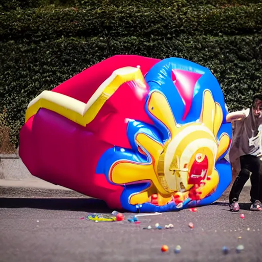 Image similar to overinflated inflatable bursting, too much air, toy explosion, action photography, slow - motion