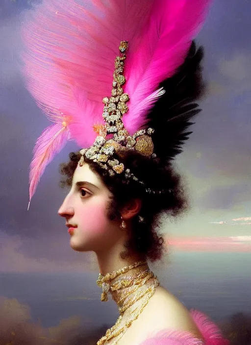 Prompt: stunning spanish godess princess, detailed pink and white feathers head peace against a black backdrop by ivan aivazovsky, 3 / 4 view portrait, wlop, super sharp details, photorealism, canon 5 d, 5 0 mm lens, stunning photoshot, beautiful soft lighting, muted colours, artstation