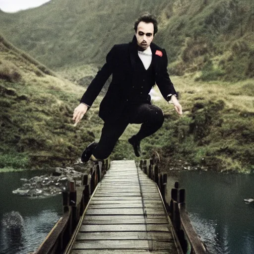 Image similar to Candid portrait photograph of Professor Moriarty about to jump off a bridge, taken by Annie Leibovitz