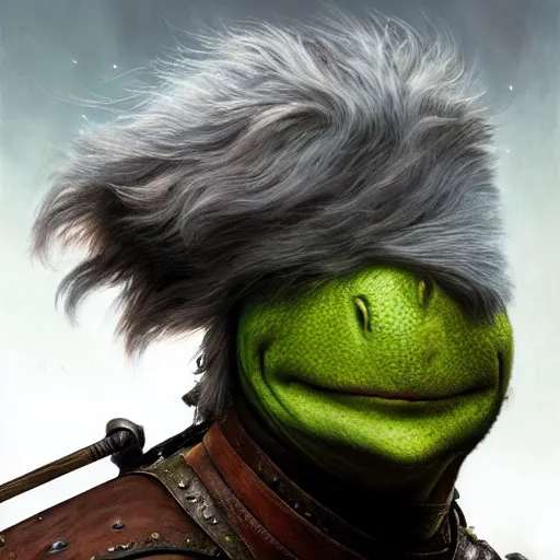 Image similar to Epic Masterpiece head and shoulders portrait of Kermit as Geralt in the Witcher 3 Wild Hunt drawn by Donato Giancola and Tom Bagshaw, Edmund Leighton, Alphonse Mucha, 4k, volumetric lighting, komorebi, trending on artstation, octane render, hyperrealistic