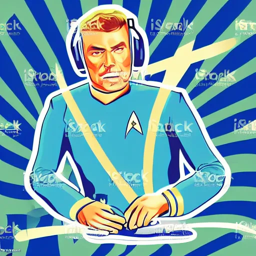 Image similar to a Star-Trek-Captain-Kirk, svg sticker, vector art, wearing headphones, jamming to music