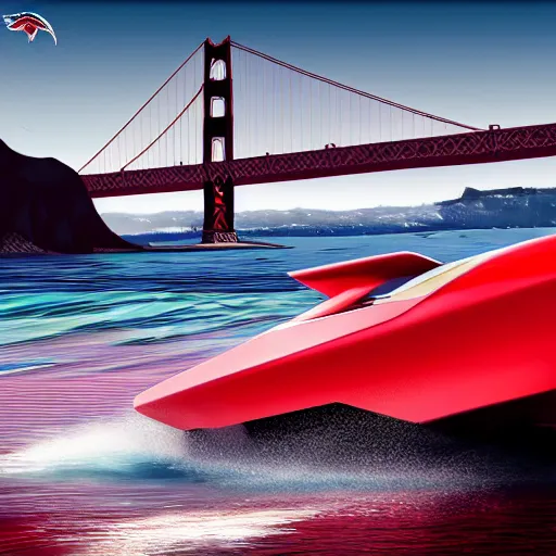 Image similar to concpet art featuring a futuristic red racing speedboat designed in the style of ferrari at golden gate park. bridge in background. fine detail. surf. this 4 k hd image is trending on artstation, featured on behance, well - rendered, extra crisp, features intricate detail, epic composition and the style of unreal engine.