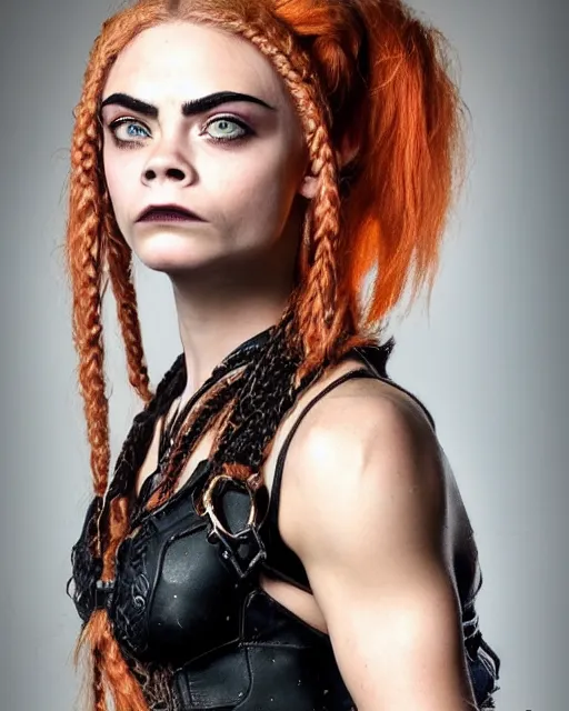 Prompt: fantasy character portrait photo. female dwarf. short, broad, extremely jacked. broad face resembles cara delevingne but very squat. wide face, androgynous but pretty. elaborately braided orangepink hair. long sidebuns, downy cheeks. thick bushy groomed red eyebrows with multiple piercings. tan leather vest, bare bodybuilder shoulders. kohl, lipgloss