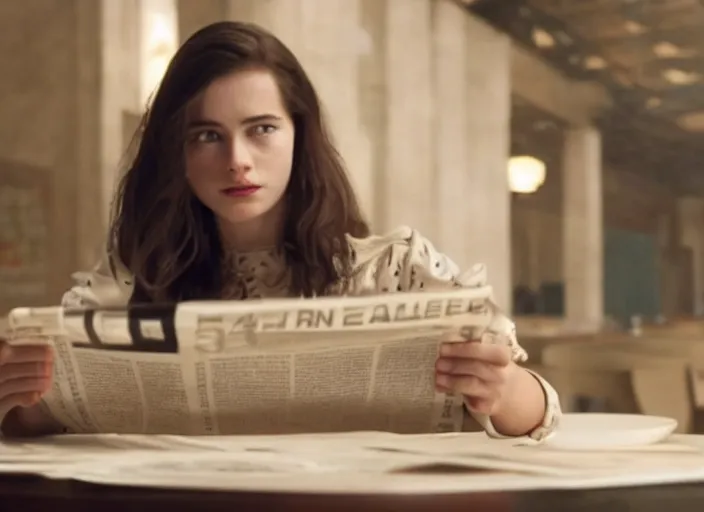 Image similar to film still. screenshot. young woman. sitting at a table. holding a newspaper. in public cafeteria. extremely detailed. directed by christopher nolan and denis villeneuve. 4 k.