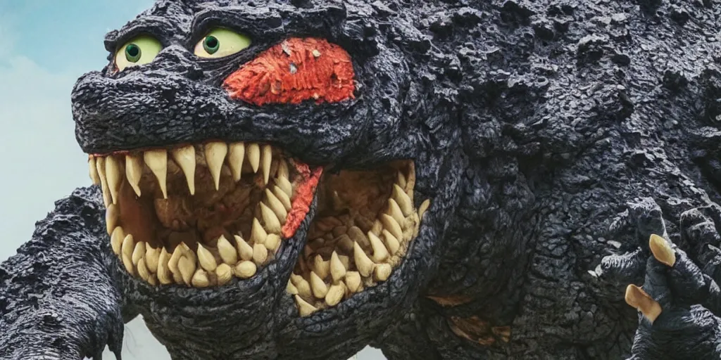 Image similar to photo of a scary yet goofy looking godzilla with googly eyes and human teeth smiling