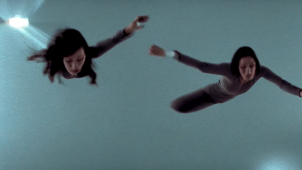 Prompt: a woman in a plank position free falling through the air, film still from the movie directed by Denis Villeneuve with art direction by Salvador Dalí, wide lens