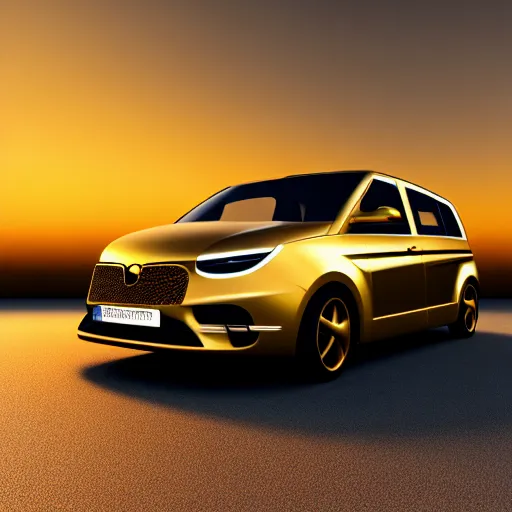 Image similar to ein goldenes auto das auf einer strße aus schokolade fahrt bei einem sonnenuntergang. 8 k render