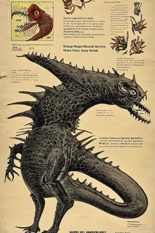 Image similar to biology textbook page, kaiju, 1950s, vintage, anatomy