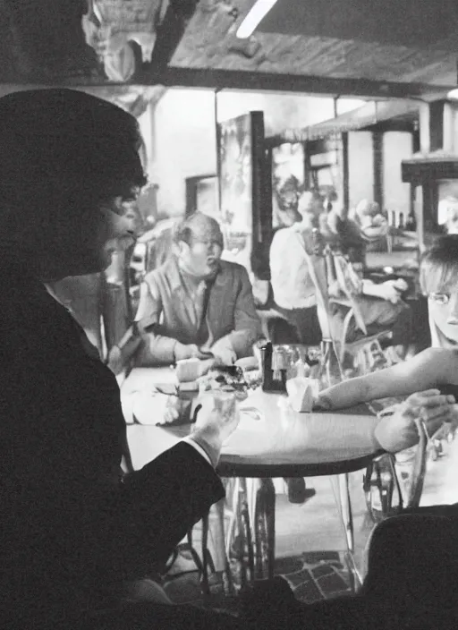 Image similar to a close - up, color cinema film still of a johnny cash talking to a beautiful hooters woman drinking whiskey at a hooters, ambient lighting at night.