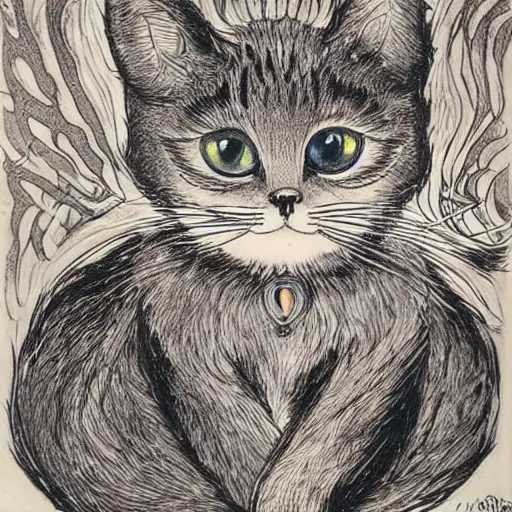 Image similar to a fire mage cat, louis wain, fantasy art