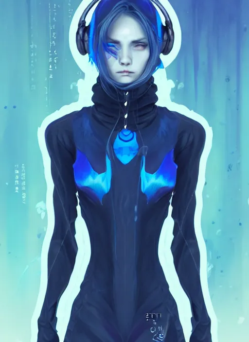 Prompt: full body portrait of a blue witch within a techwear. cynical face, concept art, fantasy illustration, intricate, highly detailed 8 k, smooth, sharp focus, beautiful and aesthetic shape of face and body, artgerm, artstation, art by zexi guo and nira and junpei suzuki and gharliera and rinotuna