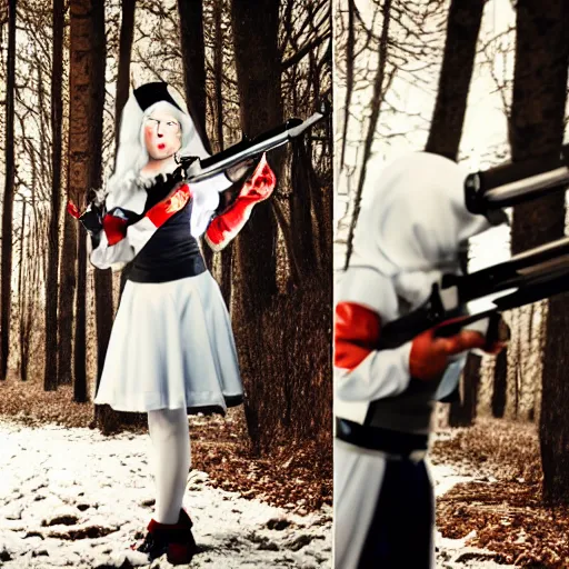 Image similar to snow - white holding a rocket launcher. portrait photography.