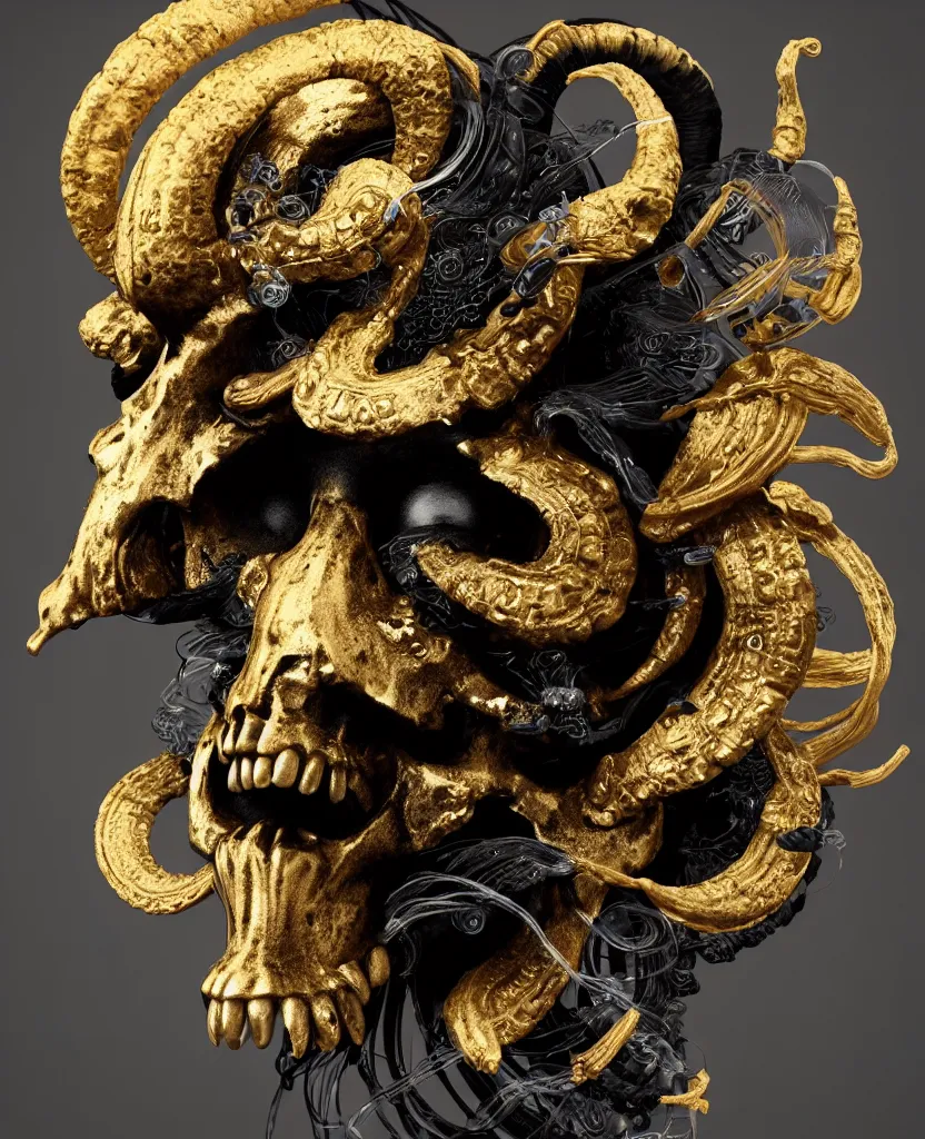 Image similar to black background. goddess princess face close-up portrait ram skull. sculpture made of gold and black charcoal. jellyfish phoenix head, nautilus, orchid, skull, betta fish, bioluminiscent creatures, intricate artwork by Tooth Wu and wlop and beeple. octane render, trending on artstation, greg rutkowski very coherent symmetrical artwork. cinematic, hyper realism, high detail, octane render, 8k