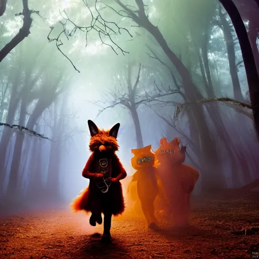 Image similar to a large druid fox muppet wearing a cloak holding a lit torch and herding a bunch of random muppet animals following behind through a dark foreboding misty blue forest at night, sesame street, photograph, photography, ultrarealistic, national geographic