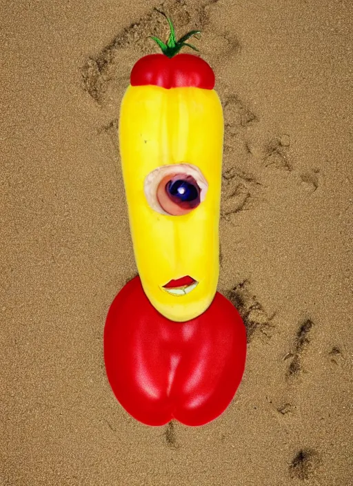 Image similar to jeff goldblum as a banana tomato on the sand of a beach