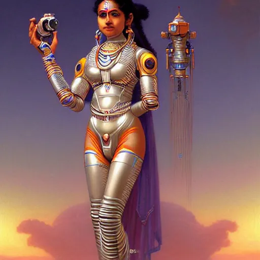 Image similar to Futuristic laxmi Indian Goddess in a robot spacesuit, sci-fi, fantasy, intricate, beautiful, elegant, attractive, indian goddess of wealth, highly detailed, digital painting, artstation, masterpiece, concept art, smooth, sharp focus, art by artgerm, hajime sorayama, William-Adolphe Bouguereau and greg rutkowski