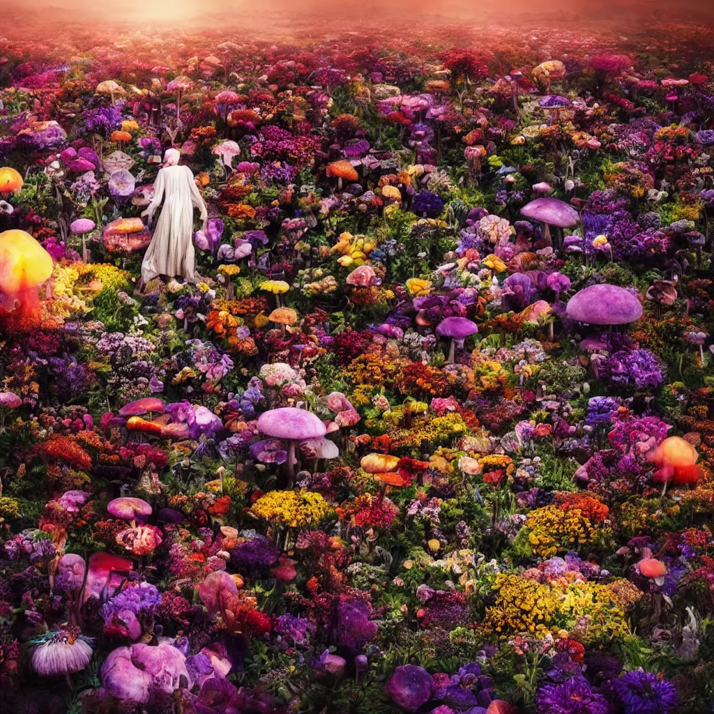 Image similar to a planet of various flowers, fungus and plants, in which the human figure is dressed in something magical and impressive, inside the picture is infinity, sunset light, Atmospheric phenomenon, artistic photography, muted colors, conceptual, long exposure outside the city