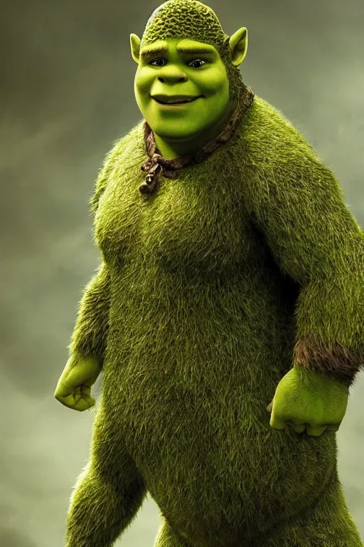 Prompt: Chris Pratt as Shrek in live action adaptation, green skin, set photograph in costume, cosplay