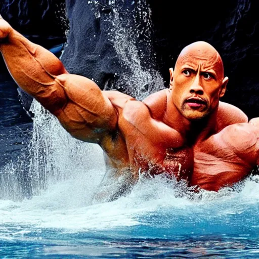 Prompt: Dwayne Johnson beating upa flipper dolphin, realistic, masterpiece, beautiful lighting, cinematic, The Rock, muscles, strong man