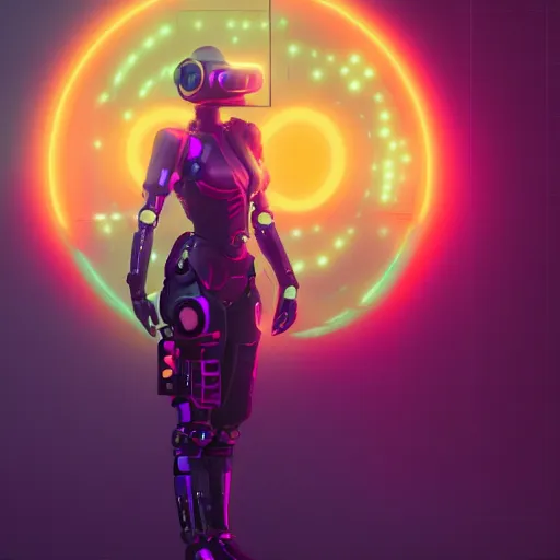 Image similar to cyberpunk concept cool warrior girl bot, cinema 4 d, galaxy, ufo, space sci - fi, wearing vr goggles, illustration, portrait, pastel neon textured background night, trending on artstation, greg rutkowski, octane rendered, 1 2 k, detailed,