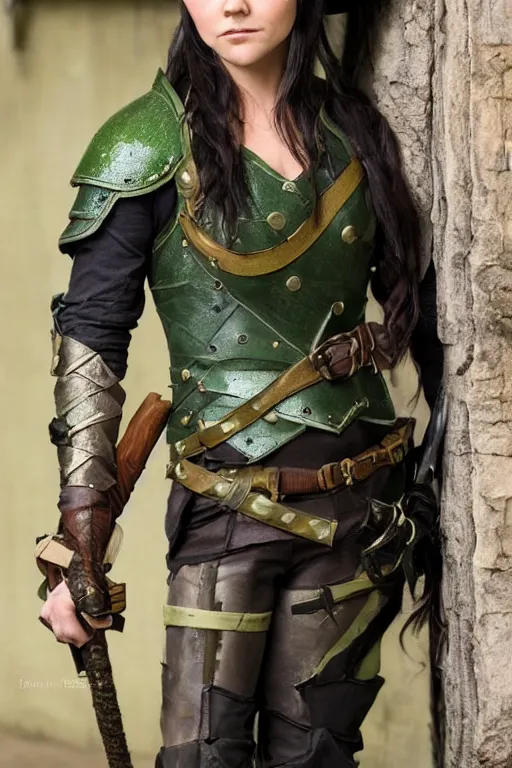 Image similar to fantasy character photo. female ranger. danielle campbell. facial expression of manic obsessive love. tall, lanky, athletic, wiry. brown dark forestgreen leather armor. little feathered hat, lightgreen, jauntily angled. black hair in ponytail. bright blue eyes. leaning against the exterior wall of a tavern