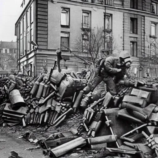 Image similar to Minions barricade themselves on Berlin preparing for the defense of the city against the soviets, Berlin's last stand, second world war, 1945, award winning, historical footage