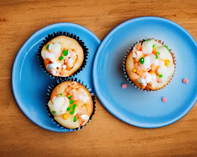 Prompt: dslr food photograph of a cupcake with a shrimp on top, 8 5 mm f 1. 4
