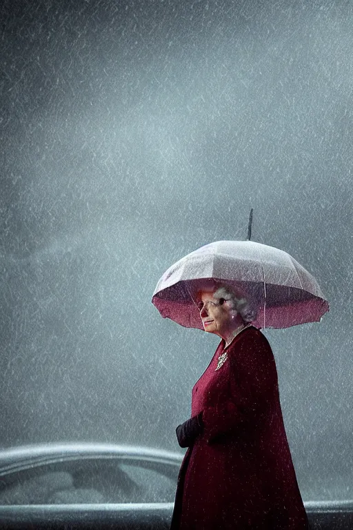 Image similar to Queen Elizabeth getting caught in the rain. Pixar animation, sharp, Rendered in Redshift and Unreal Engine 5 by Greg Rutkowski, Bloom, dramatic moody high contrast lighting, dusk