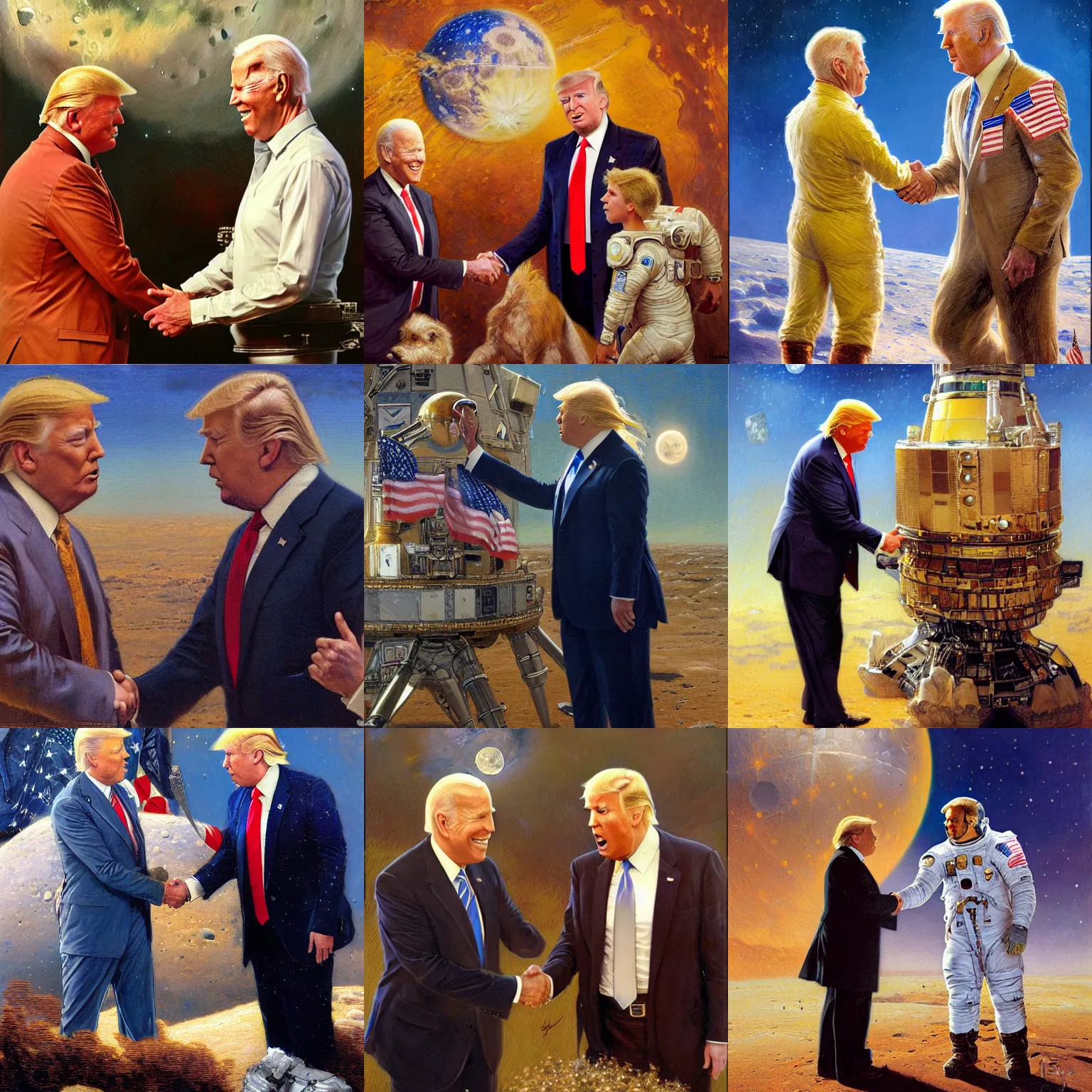 Prompt: portrait donald trump shaking hands with portrait joe biden on the moon, amazing highly detailed painting by gaston bussiere, craig mullins, j. c. leyendecker 8 k