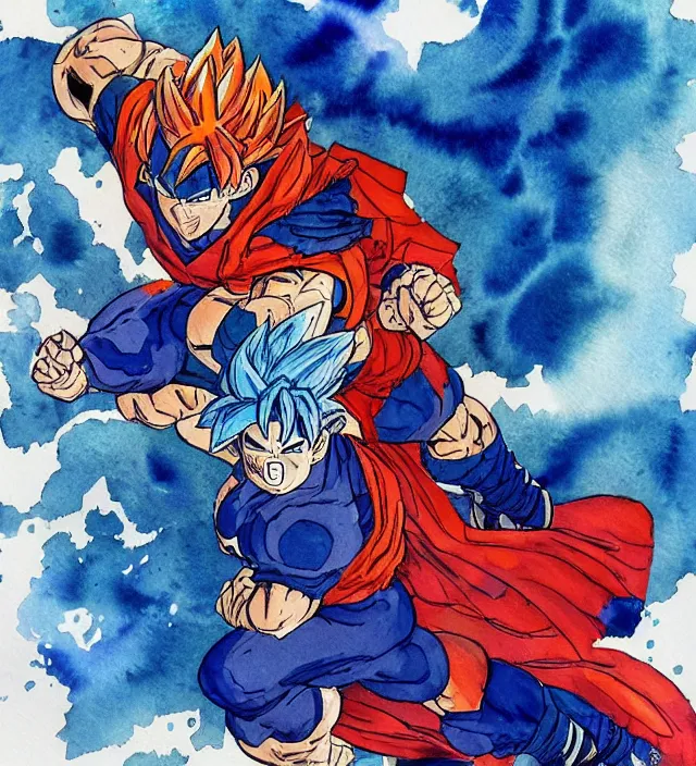 Prompt: a 3 / 4 view watercolor ink painting of goku as a superhero in the style of jean giraud in the style of moebius trending on artstation deviantart pinterest detailed realistic hd 8 k high resolution