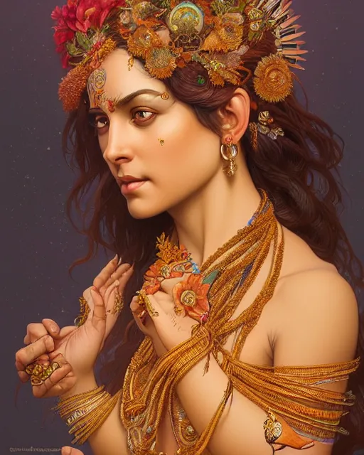 Image similar to portrait of a gaea goddess, upper body, decorated with hindu aesthetics, hindu, traditional art, intricate, elegant, highly detailed, digital painting, artstation, concept art, smooth, sharp focus, illustration, art by artgerm and greg rutkowski and alphonse mucha, 8 k