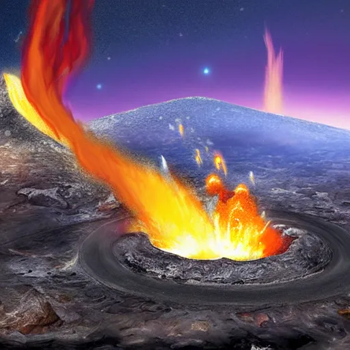 Image similar to fiery meteorite crashing into an active volcano, artist's impression