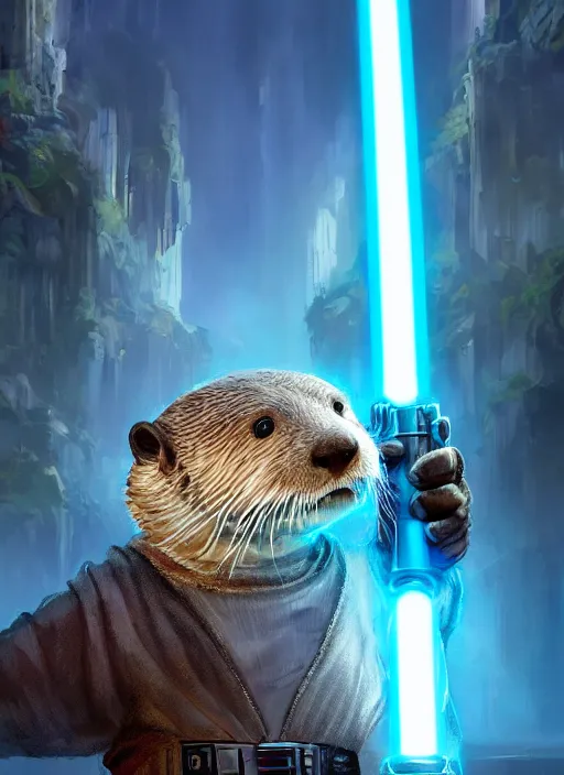 Prompt: portrait, anthropomorphic otter wearing Jedi robes wielding a blue lightsaber in a futuristic river town. Dramatic lighting, cinematic, establishing shot, extremely high detail, photo realistic, post processed, artstation, matte painting, style by eddie mendoza, raphael lacoste, alex ross
