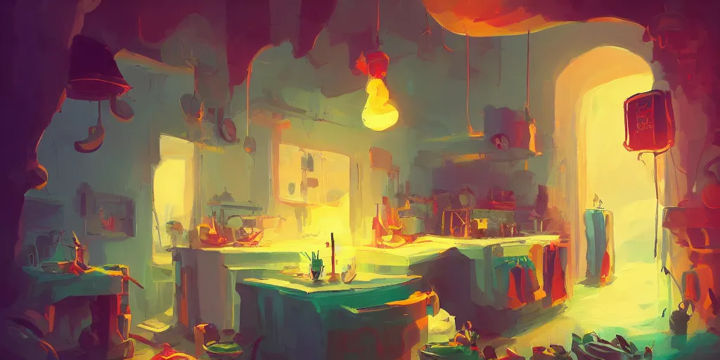 Prompt: `weird perspective`!!!!!!!!!!!!! epic illustration of a kitchen dim lit by 1 candle in a scenic environment by Anton Fadeev