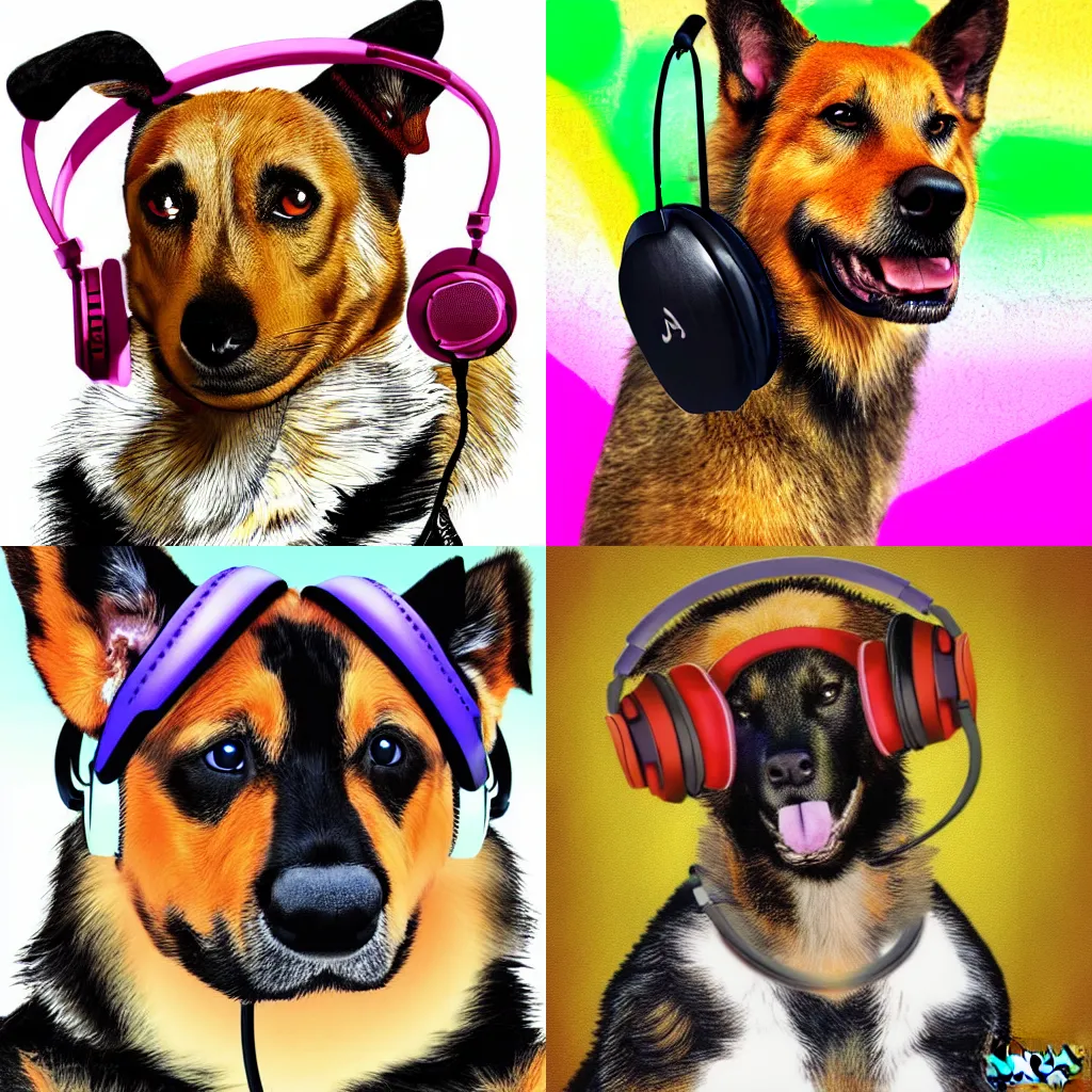 Prompt: an alsatian dog dj wearing headphones, digital art