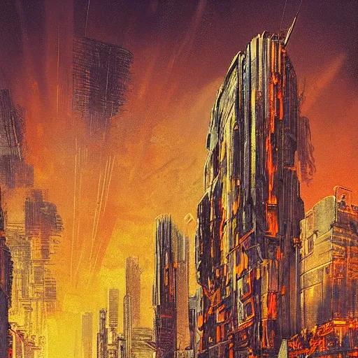 Image similar to A beautiful digital art of a city in ruins. The dominant colors are yellows, oranges and reds, giving the impression of a fiery, destroyed landscape. In the center of the image is a large, looming spaceship, adding to the feeling of unease and despair. platinum, double exposure by Paul Fusco, by J.C. Leyendecker tired, dull