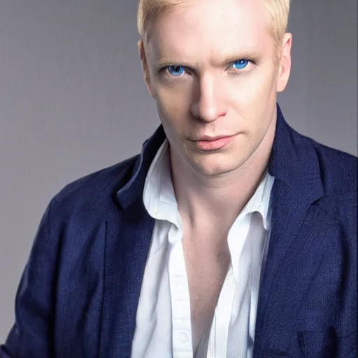 Image similar to photograph of a blond male, middle aged balding superhero, with dark blue eyes and very pale skin