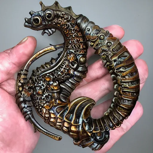 Prompt: ornate steampunk seahorse, the magnum opus of a master artificer, detailed, workshop