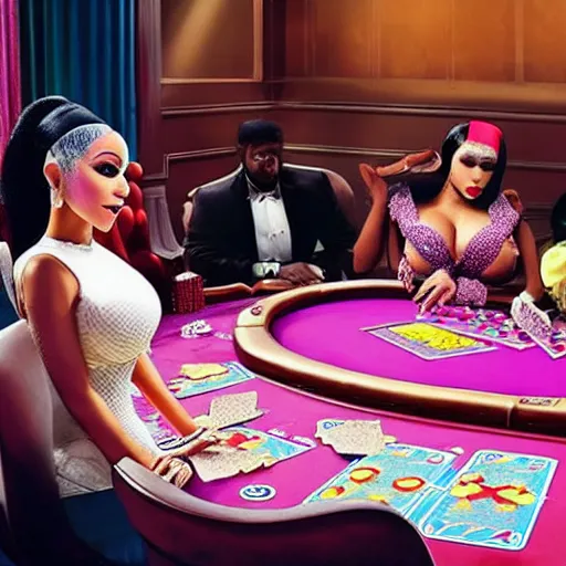 Prompt: cardi b, nicki minaj, donald duck all sitting at a poker table together, ultra realistic, live action, iphone photo