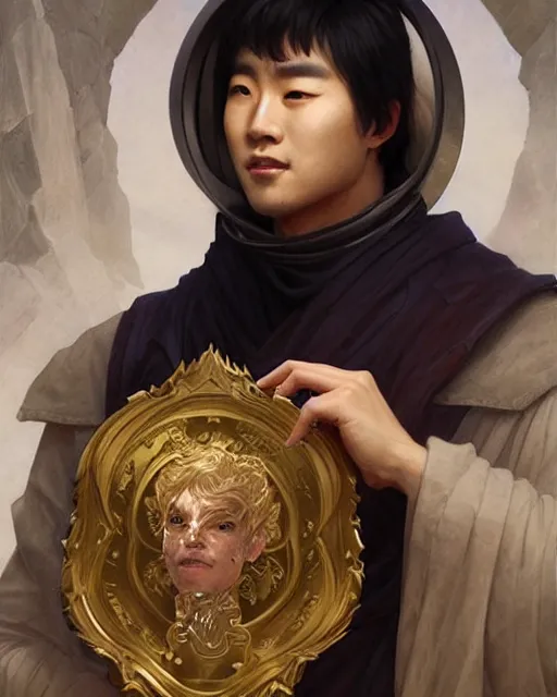 Image similar to a portrait of moon ho joon, held a trophy on his hand, happy face, highly detailed, art by artgerm and greg rutkowski and fra angelico and alphons mucha