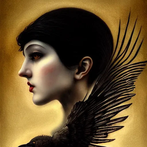 Image similar to young goddess of crows, unusual sublime beauty, emotionally evoking symbolic metaphors, head in focus, fantasy, ornamental, intricate, elegant, sensual, highly detailed digital painting, artstation, concept art, painterly, golden ratio, sharp focus, illustration, art by John Collier and Krenz Cushart and Artem Demura and and Greg Rutkowski and Alphonse Mucha and Albert Aublet