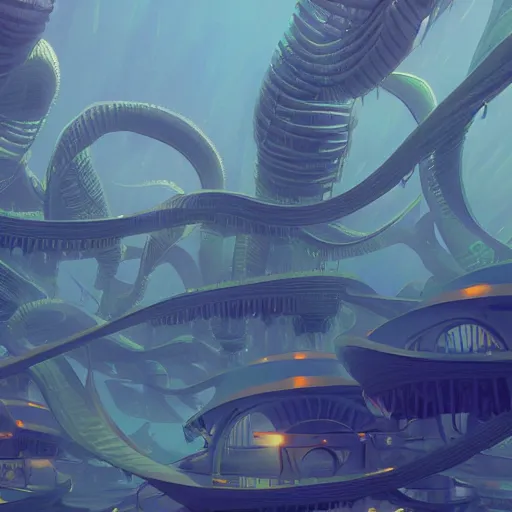 Image similar to underwater city wide angle kelp trees, retro futuristic, domes in the style of dinotopia, Yanjun Cheng and Hsiao-R