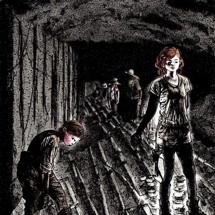 Image similar to tired sadie sink as a miner emerges out of the dark coal mine. storyboard, scifi cyberpunk. by gabriel hardman, joe alves, chris bonura. cinematic atmosphere, detailed and intricate, perfect anatomy