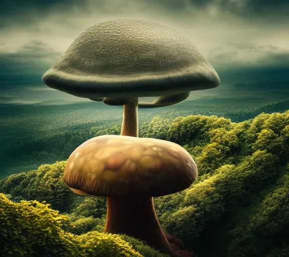 Prompt: a giant mushroom that stretches above the clouds with a city built into it underneath. highly detailed 8 k. intricate. lifelike. soft light. nikon d 8 5 0. cinematic post - processing