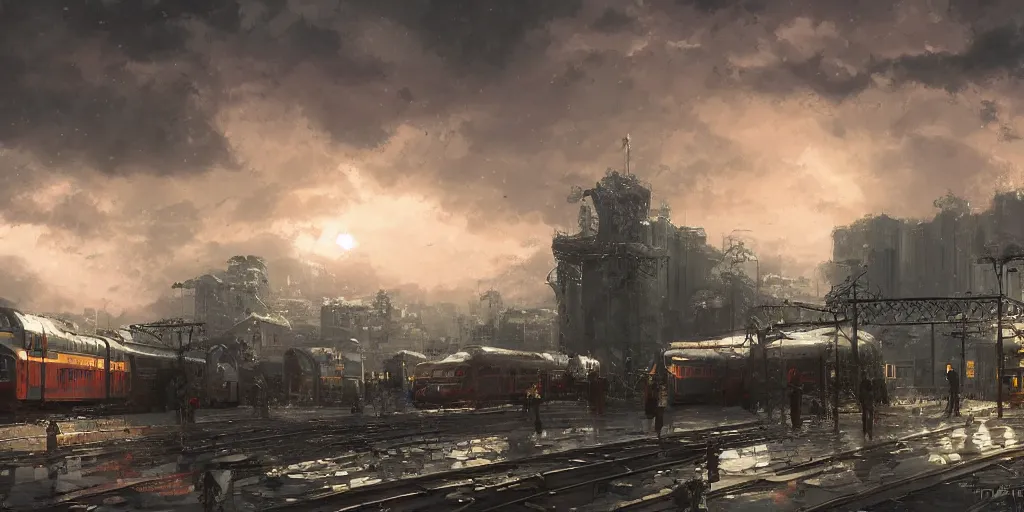 Image similar to a russian mecha, train station in summer, matte painting, evening, after the storm, drama, by rozalski and stanton kenton, artstation