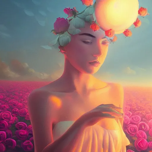 Image similar to closeup, giant rose flower head, frontal, girl with suit, surreal photography, sunrise, dramatic light, impressionist painting, digital painting, artstation, simon stalenhag