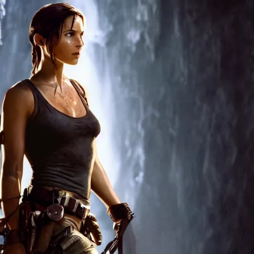 Prompt: Still of Lara Croft in the movie Indiana Jones, under a waterfall, cinematic lighting, bokeh, 4k